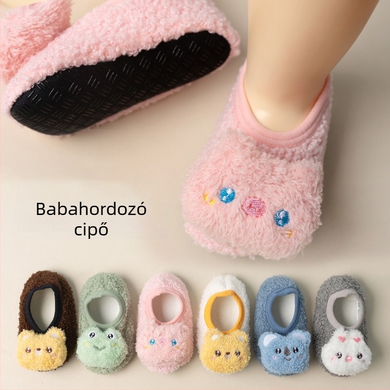 Gyerekeknek való padlószokni téli fleece-béléssel, vastag, csúszásmentes, mesés mintával