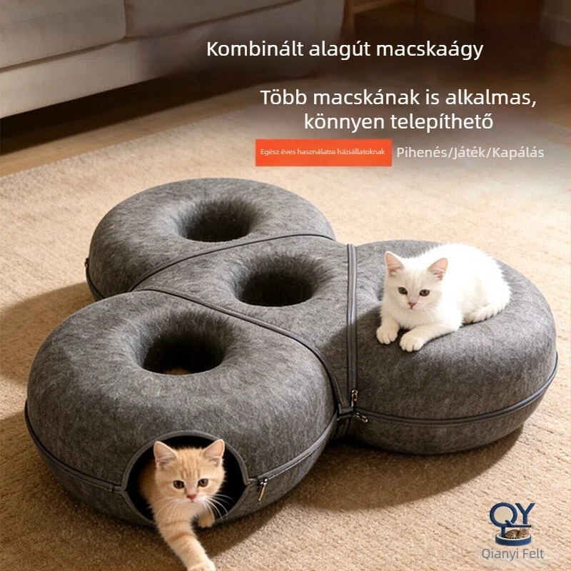 Filcből készült macskafészek és alagút – minden évszakra, meleg rejtekhely