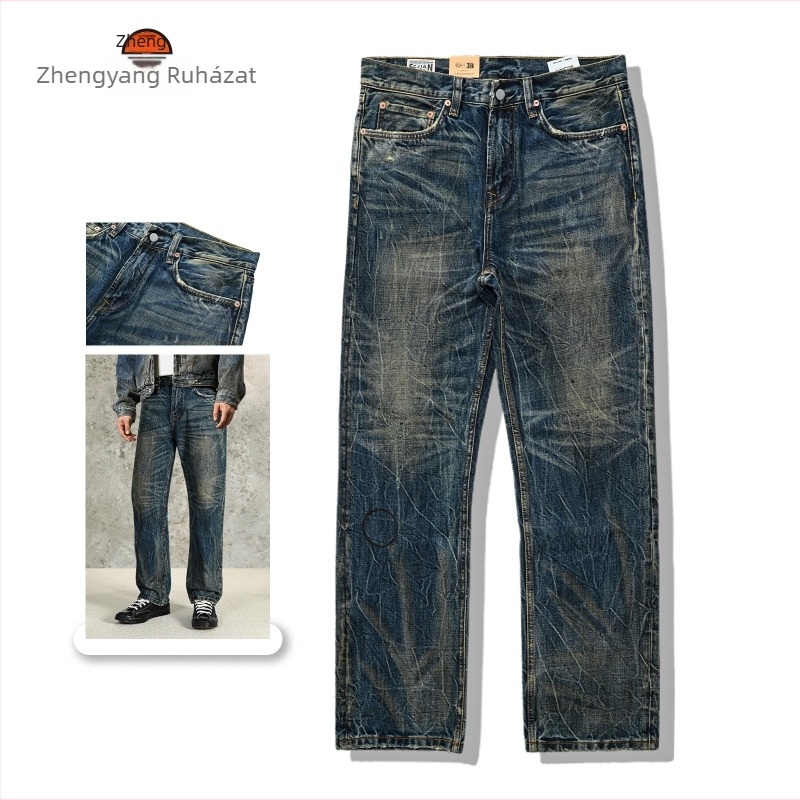 Nadrág, egyenes szabású, 100% pamut denim, mosott és kopott patch-ekkel, középmagas derekú, cipzár