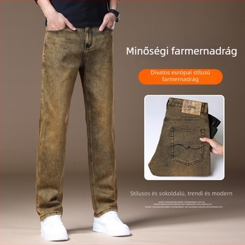 Férfi farmernadrág középmagasságú, egyenes szabású, pamut-elasztikus denim, vastag anyag, kőmosott