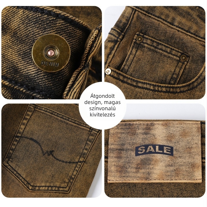 Férfi farmernadrág középmagasságú, egyenes szabású, pamut-elasztikus denim, vastag anyag, kőmosott