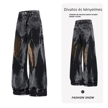 Férfi tie-dye farmernadrág, amerikai utcai stílus, letisztult szabás