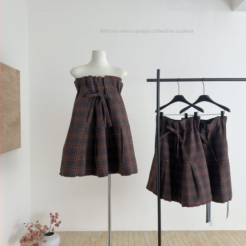Koreai stílusú midi ruha, retro, egyszerű és elegáns, váll nélküli, övvel a derekán