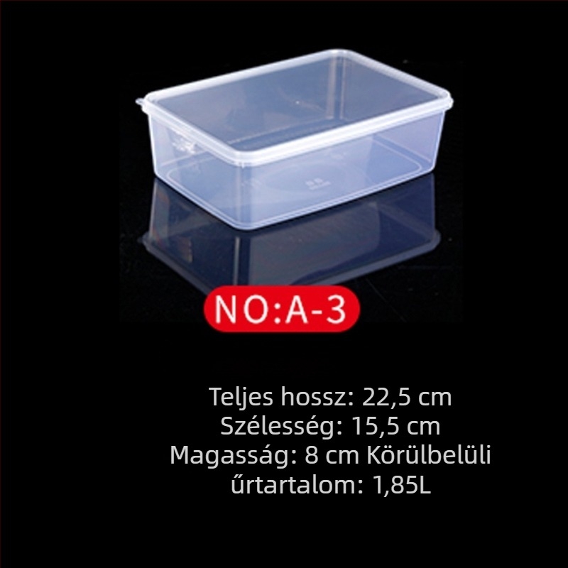 Műanyag frissesség-tartó doboz, konyhai tároló, téglalap alakú, mikrohullámú kompatibilis, kapacitás 0.8-5 L, fedéllel