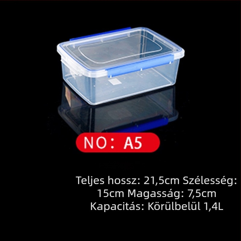 Műanyag frissesség-tartó doboz, konyhai tároló, téglalap alakú, mikrohullámú kompatibilis, kapacitás 0.8-5 L, fedéllel