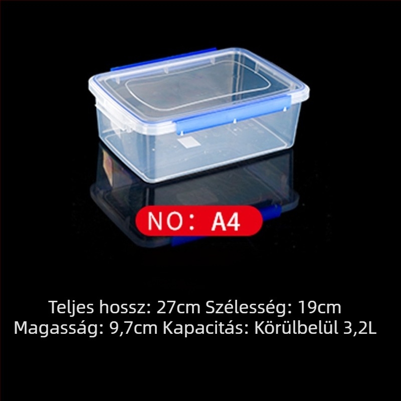 Műanyag frissesség-tartó doboz, konyhai tároló, téglalap alakú, mikrohullámú kompatibilis, kapacitás 0.8-5 L, fedéllel