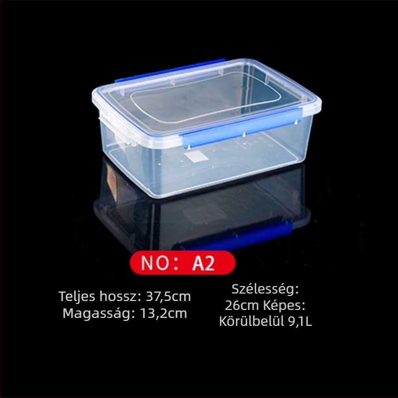 Műanyag frissesség-tartó doboz, konyhai tároló, téglalap alakú, mikrohullámú kompatibilis, kapacitás 0.8-5 L, fedéllel