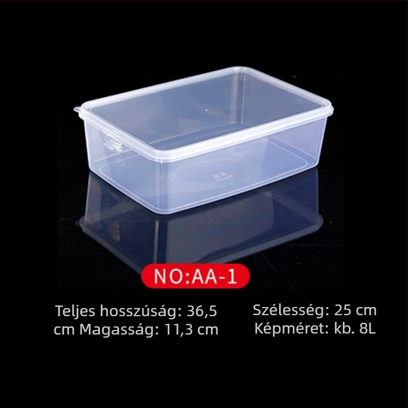 Műanyag frissesség-tartó doboz, konyhai tároló, téglalap alakú, mikrohullámú kompatibilis, kapacitás 0.8-5 L, fedéllel