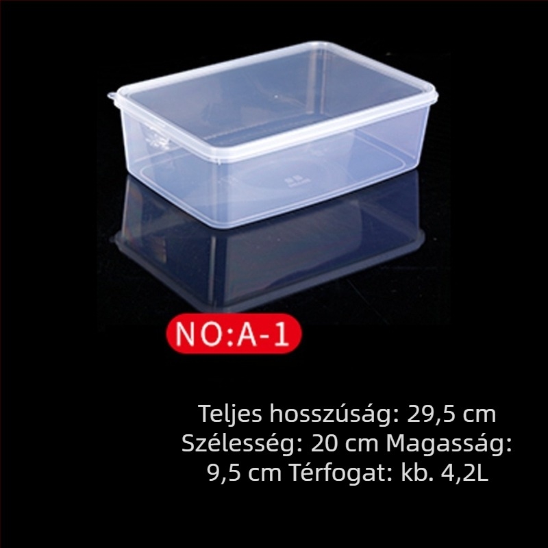 Műanyag frissesség-tartó doboz, konyhai tároló, téglalap alakú, mikrohullámú kompatibilis, kapacitás 0.8-5 L, fedéllel