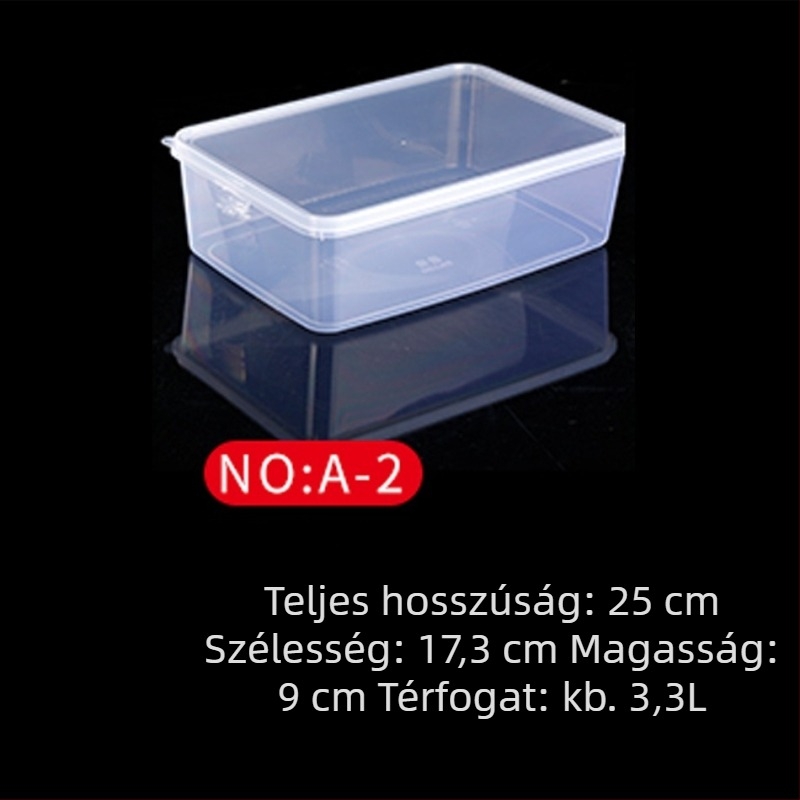 Műanyag frissesség-tartó doboz, konyhai tároló, téglalap alakú, mikrohullámú kompatibilis, kapacitás 0.8-5 L, fedéllel