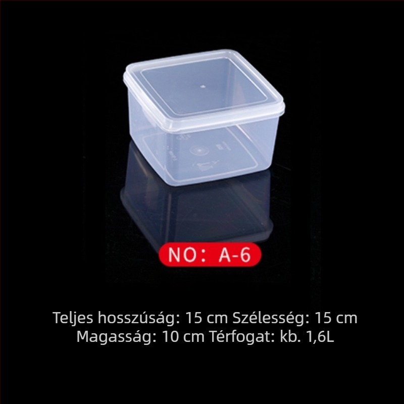 Műanyag frissesség-tartó doboz, konyhai tároló, téglalap alakú, mikrohullámú kompatibilis, kapacitás 0.8-5 L, fedéllel