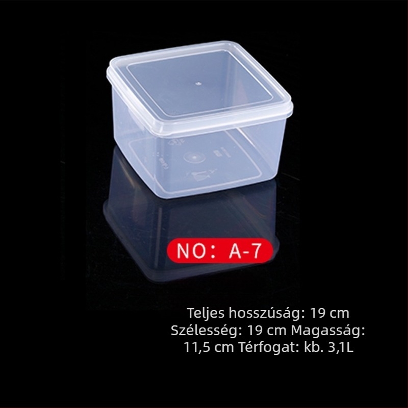 Műanyag frissesség-tartó doboz, konyhai tároló, téglalap alakú, mikrohullámú kompatibilis, kapacitás 0.8-5 L, fedéllel