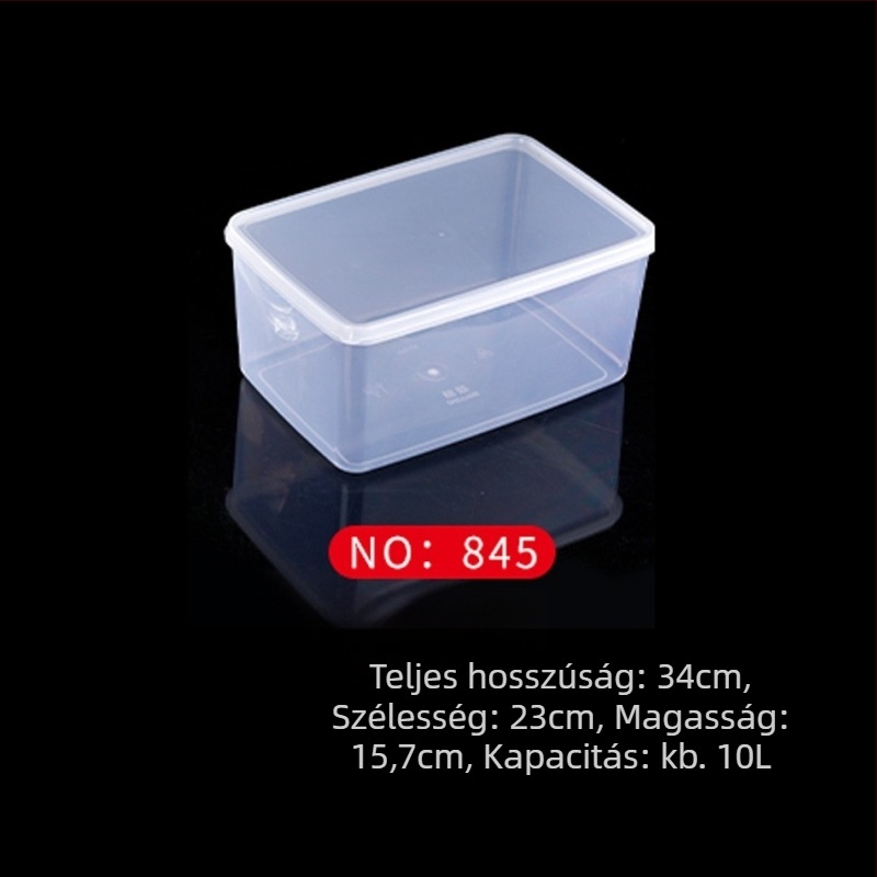 Műanyag frissesség-tartó doboz, konyhai tároló, téglalap alakú, mikrohullámú kompatibilis, kapacitás 0.8-5 L, fedéllel