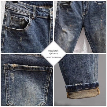 Férfi Slim-Fit farmernadrág, keskeny szabás, mosott denim, középmagas derék, gombos záródás