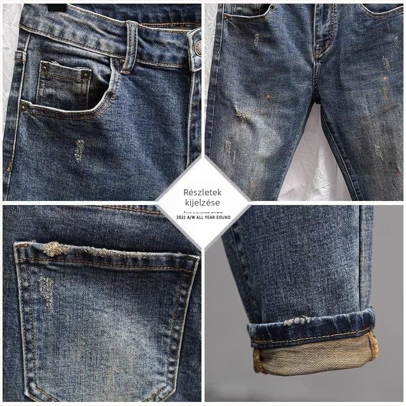 Férfi Slim-Fit farmernadrág, keskeny szabás, mosott denim, középmagas derék, gombos záródás