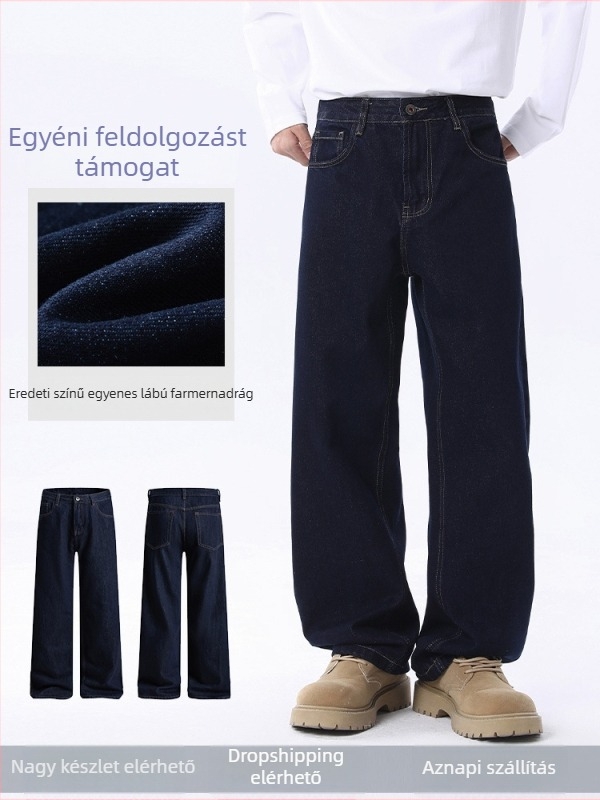 Férfi farmernadrág, lazán szabott, egyenes szárú, középmagas derekú, cipzáras záródás, pamut denim vízben mosott