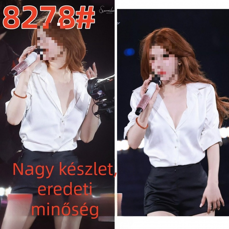 Női fehér V-nyakú ing francia stílusban, elegáns szatén szövet, karcsúsított szabás, hosszú ujjak