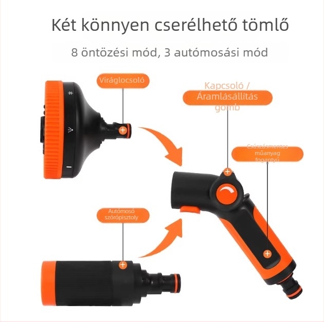3× teleszkópos tömlővel rendelkező vízsugárpisztoly, magasnyomású autómosó fúvóka, menetes csatlakozás, rozsdamentes acél csatlakozó, természetes gumi test