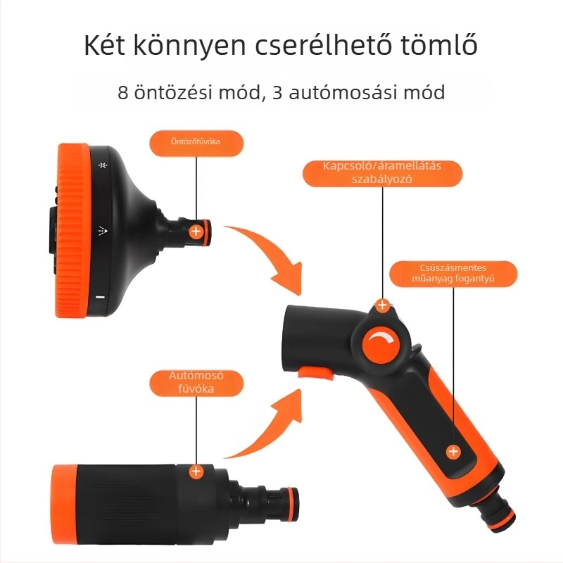 3× teleszkópos tömlővel rendelkező vízsugárpisztoly, magasnyomású autómosó fúvóka, menetes csatlakozás, rozsdamentes acél csatlakozó, természetes gumi test