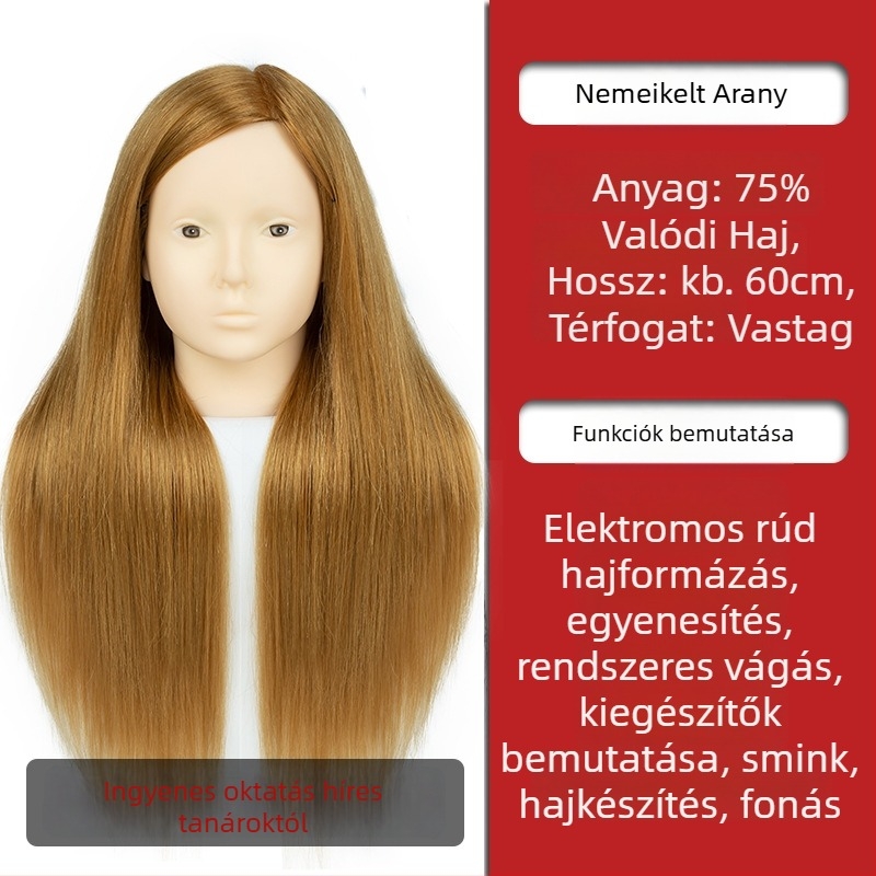 Fodrászati gyakorló fej kevert selyem hajjal, hosszú egyenes haj, természetes stílus, D1 modell, fodrászati gyakorlatra, nem alkalmas forró festésre