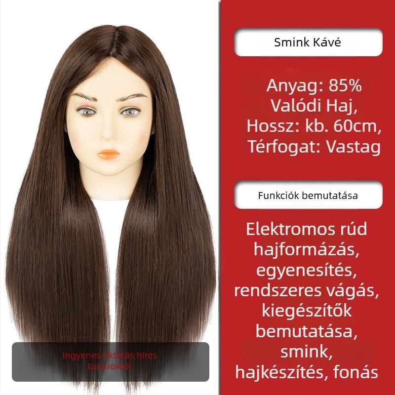 Fodrászati gyakorló fej kevert selyem hajjal, hosszú egyenes haj, természetes stílus, D1 modell, fodrászati gyakorlatra, nem alkalmas forró festésre