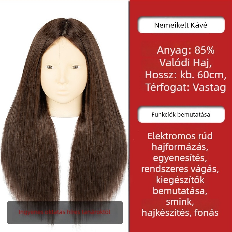 Fodrászati gyakorló fej kevert selyem hajjal, hosszú egyenes haj, természetes stílus, D1 modell, fodrászati gyakorlatra, nem alkalmas forró festésre
