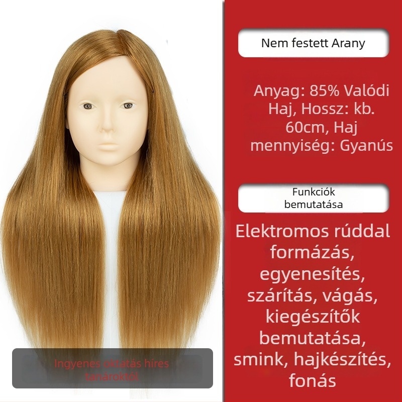 Fodrászati gyakorló fej kevert selyem hajjal, hosszú egyenes haj, természetes stílus, D1 modell, fodrászati gyakorlatra, nem alkalmas forró festésre