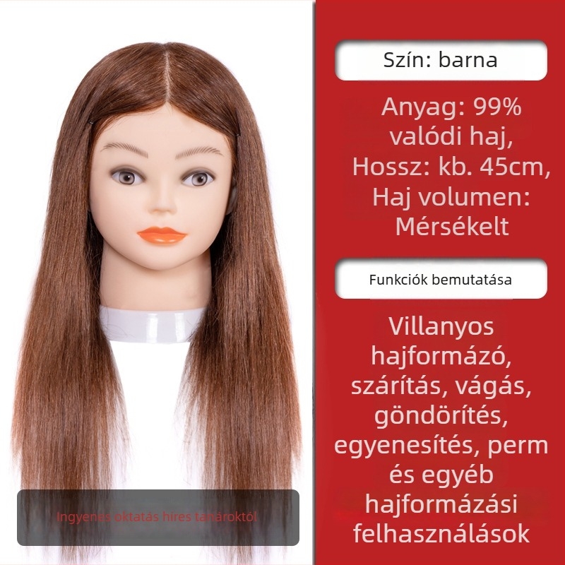 Fodrászati gyakorló fej kevert selyem hajjal, hosszú egyenes haj, természetes stílus, D1 modell, fodrászati gyakorlatra, nem alkalmas forró festésre