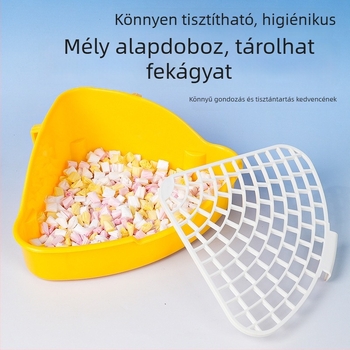 Műanyag felmagasított háromszög alakú nyúltoalett, fröccsenés elleni vizeletvédő, alkalmas nyulak, chinchillák és tengerimalacok számára