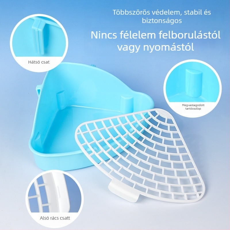 Műanyag felmagasított háromszög alakú nyúltoalett, fröccsenés elleni vizeletvédő, alkalmas nyulak, chinchillák és tengerimalacok számára