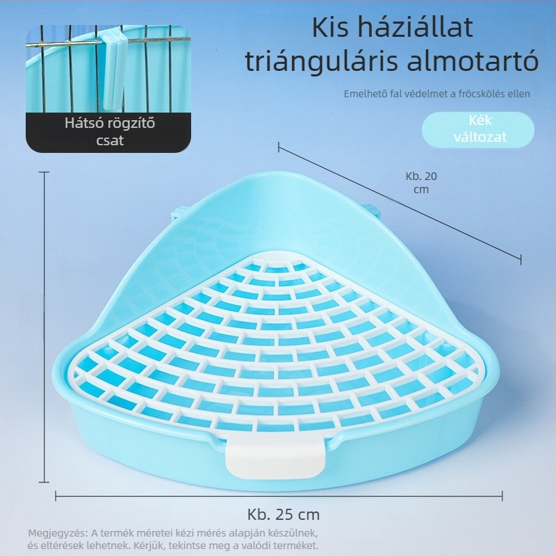 Műanyag felmagasított háromszög alakú nyúltoalett, fröccsenés elleni vizeletvédő, alkalmas nyulak, chinchillák és tengerimalacok számára