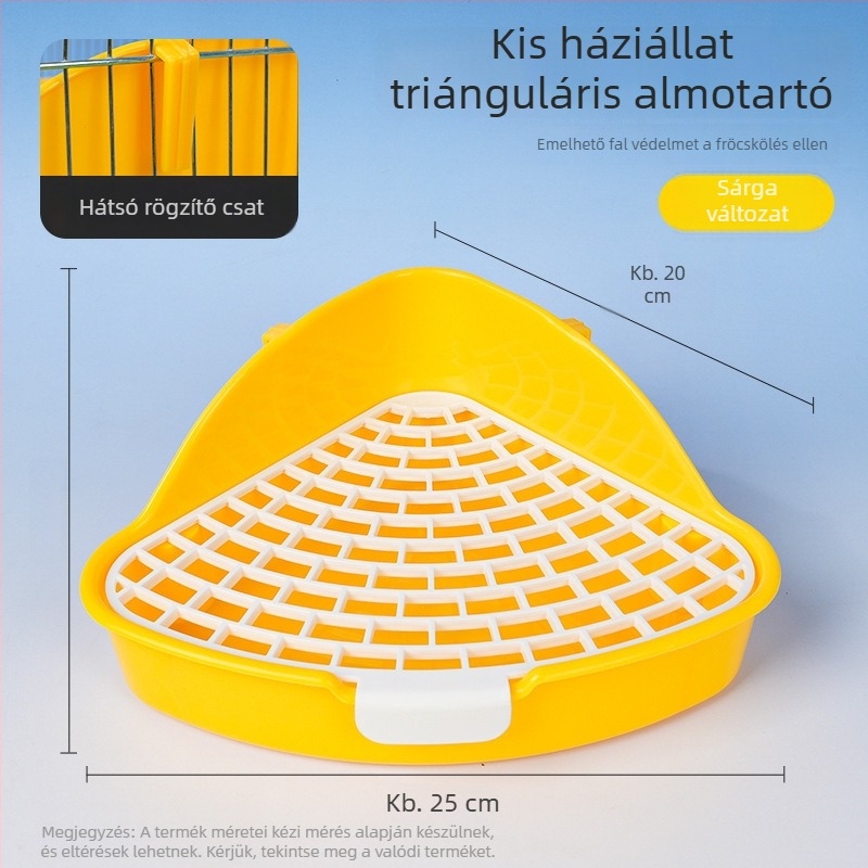 Műanyag felmagasított háromszög alakú nyúltoalett, fröccsenés elleni vizeletvédő, alkalmas nyulak, chinchillák és tengerimalacok számára