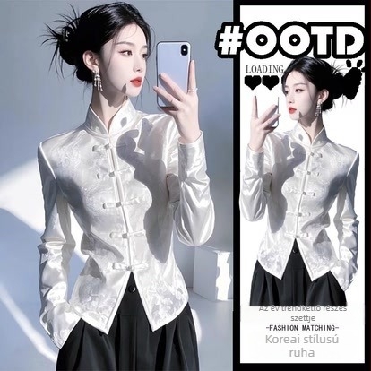 Poliészter szatén jacquard ing, mercerizált anyag, polo gallér, hosszú ujjak, irodai stílus