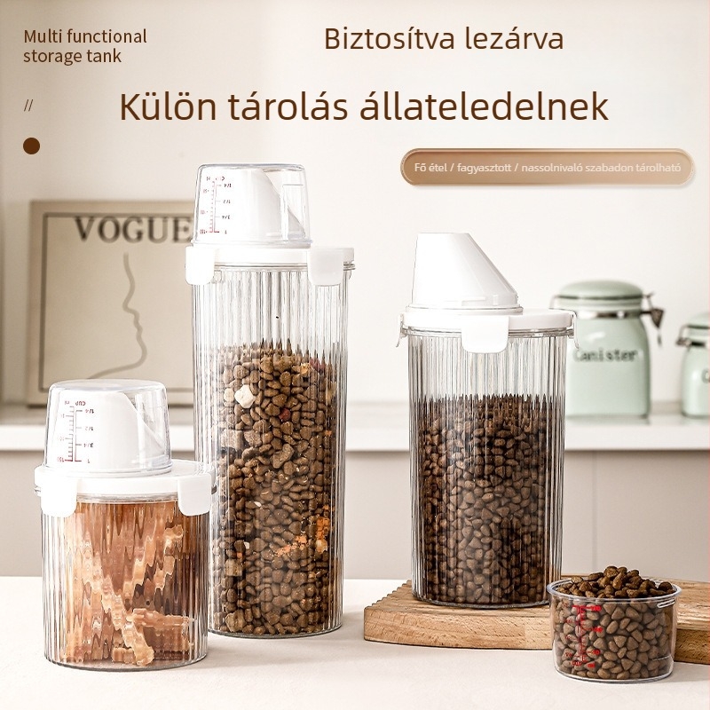 Macska- és kutyáknak készült tápláléktároló, átlátszó, nedvességálló és zárt, szabályozható etetéssel, PP anyagú, kapacitás 1–2 L.
