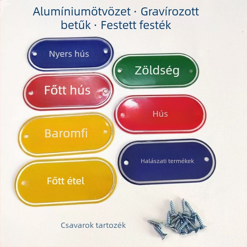 Alumíniumötvözetű konyhai címkészlet nyers és főtt ételek osztályozásához, önragasztó címkék sütői bevonattal, iskolák, kórházak, szállodák és bevásárlóközpontok számára. Eredet: Wenzhou, Kína