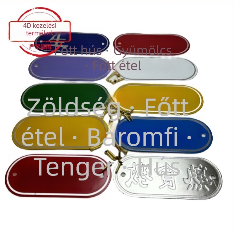 Alumíniumötvözetű konyhai címkészlet nyers és főtt ételek osztályozásához, önragasztó címkék sütői bevonattal, iskolák, kórházak, szállodák és bevásárlóközpontok számára. Eredet: Wenzhou, Kína