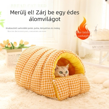 Téli meleg macskafészek fleece-béléssel, egész éves használatra, félig zárt macskaház leválasztható, mosható párnával