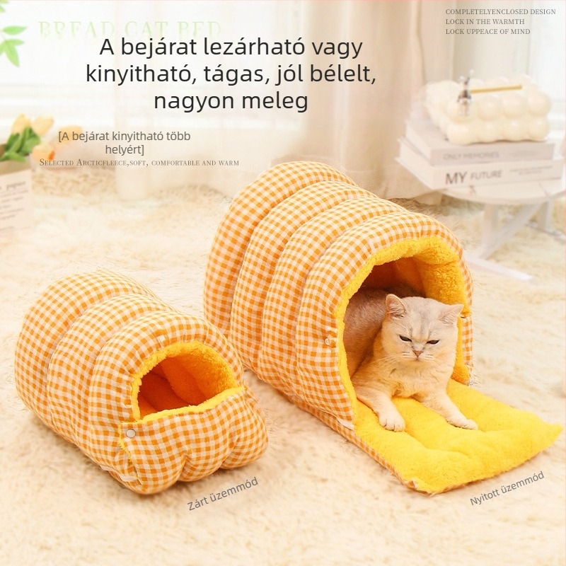 Téli meleg macskafészek fleece-béléssel, egész éves használatra, félig zárt macskaház leválasztható, mosható párnával
