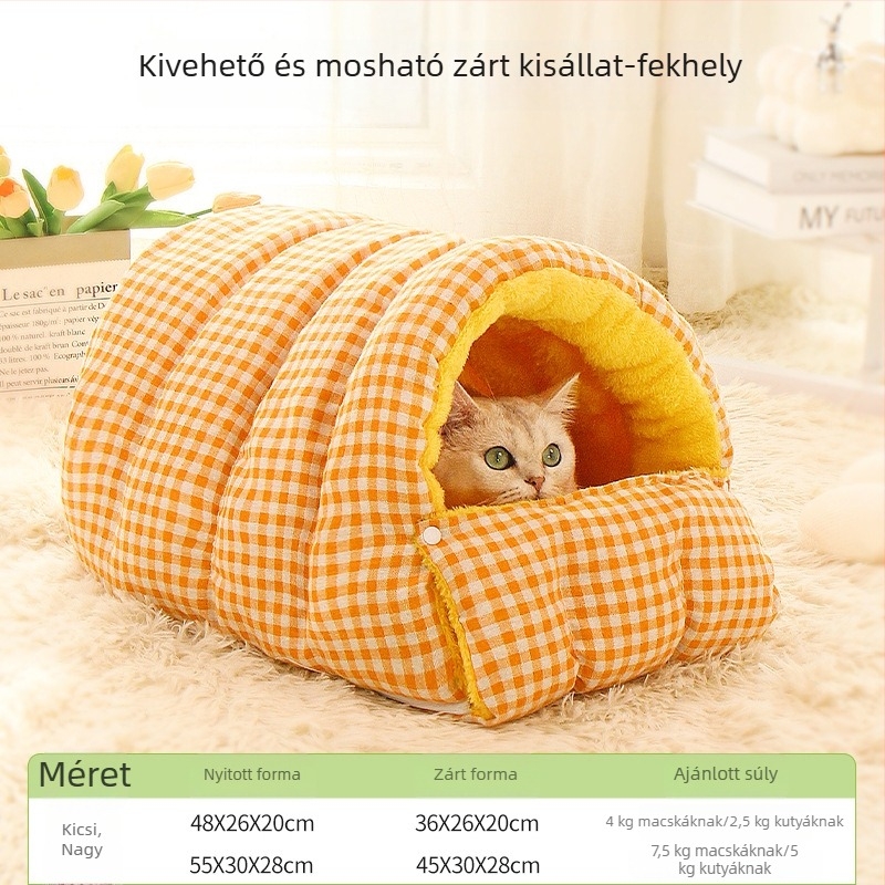 Téli meleg macskafészek fleece-béléssel, egész éves használatra, félig zárt macskaház leválasztható, mosható párnával