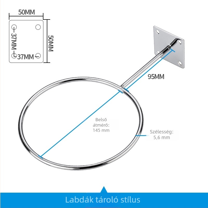 Falihoz szerelhető vasból készült labdatartó, egyoldalas horog, modern minimalist stílus, maximális terhelés 5 kg, kosárlabda és futball számára