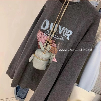Női hosszú ujjú T‑póló kerek nyakkal, laza szabás, spandex tartalom 30% alatt, karikatúra mintázatú nyomás