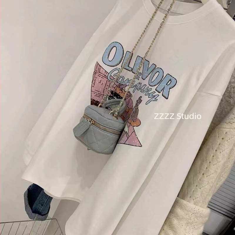 Női hosszú ujjú T‑póló kerek nyakkal, laza szabás, spandex tartalom 30% alatt, karikatúra mintázatú nyomás