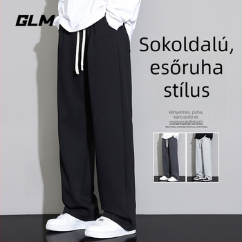 Férfi laza szabású casual nadrág, kötőzsinóros derék, fekete, tavasz-ősz