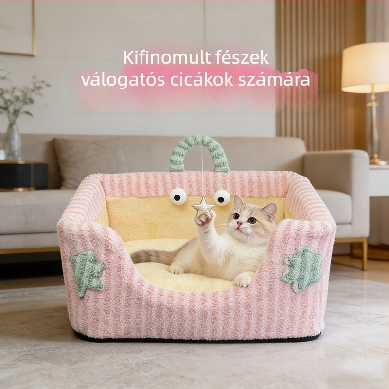 Szövött rácsos állatodú, meleg, vastagított szivacspárnával, levehető és mosógépben tisztítható, kis- és közepes méretű macskáknak