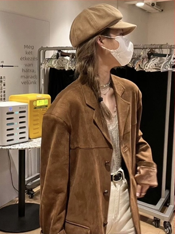 Női velúr bőrdzseki – street-hipster stílus, cowboy ihlet, U-nyak, középhosszú