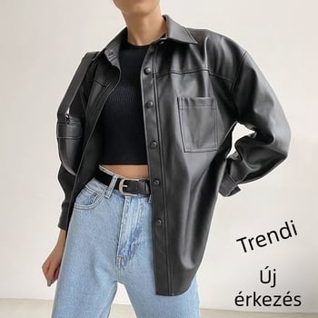 Női PU bőrdzseki gallérral, spliced dizájn, utcai hipster stílus, egyrendés retesz, több csat, hossz 50–65 cm