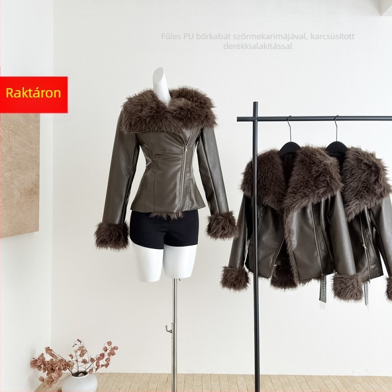 Női műbőr dzseki (Faux Leather, Slim Fit, Slanted Collar, Zipper, Regular Length)