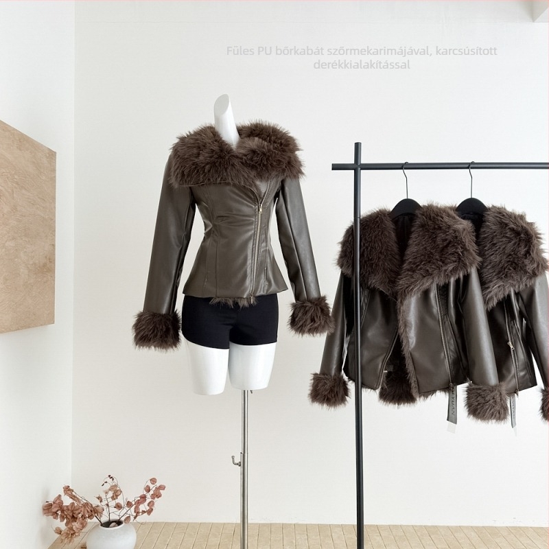 Női műbőr dzseki (Faux Leather, Slim Fit, Slanted Collar, Zipper, Regular Length)