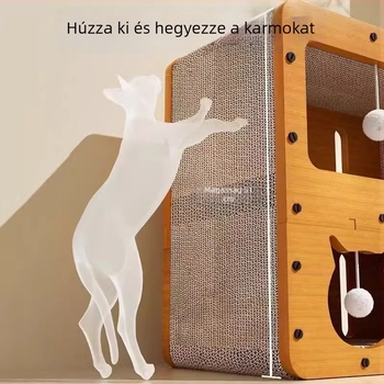 Macska ház integrált kaparódeszkával, kétszintes, hullámkartonból, rajzfilmszerű stílus