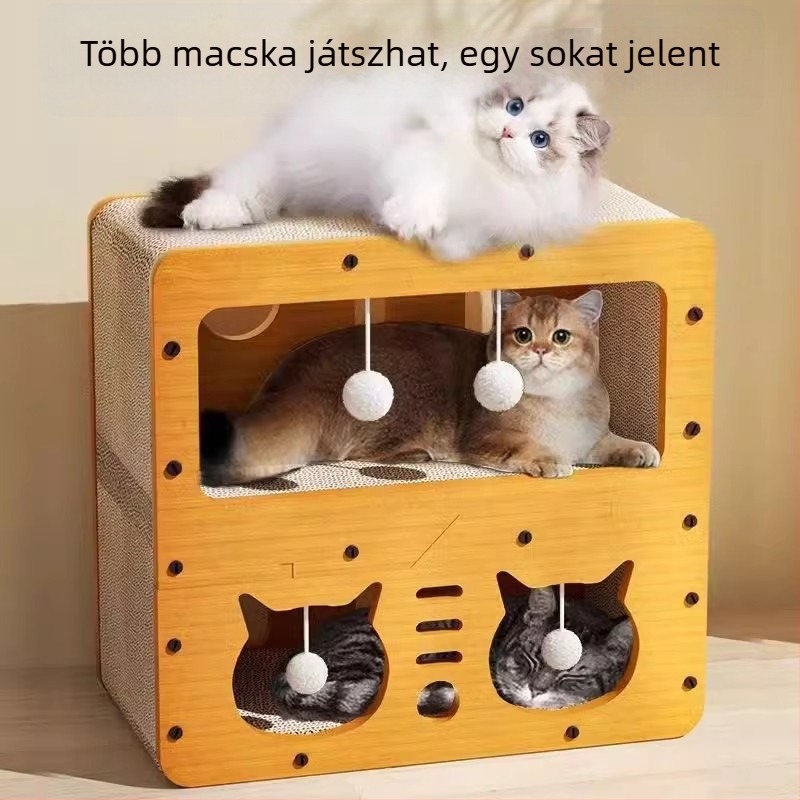 Macska ház integrált kaparódeszkával, kétszintes, hullámkartonból, rajzfilmszerű stílus